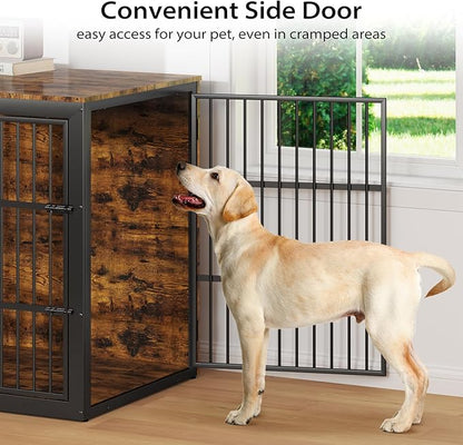 Rovibek 48 Inch Large Dog Crate with 2 Height Adjustable Dog Bowls 360° Rotatable, Cage Furniture for Large/Extra Large Dog Crate Indoor as End Table, Heavy Duty Dogs Kennel, Brown