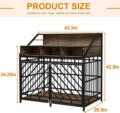 KEIKI 43" Large Dog Crate End Table, Wooden Heavy Duty Crate with Divider, Rustic Brown Indoor Furniture for Large Dogs (43.3" L x 27.6" W x 42.5" H)