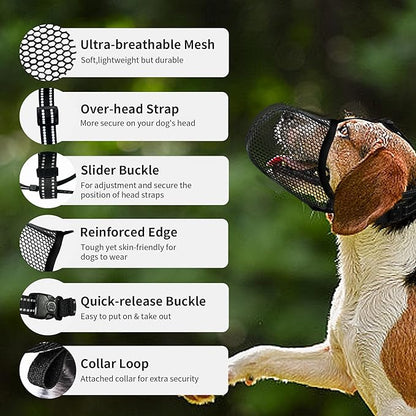 Dog Muzzle, Breathable Soft Muzzle for Medium to Large Dogs to Anti & Prevent Barking Biting Chewing, Reflective & Adjustable Basket Muzzle with Air Mesh for Beagle Black L