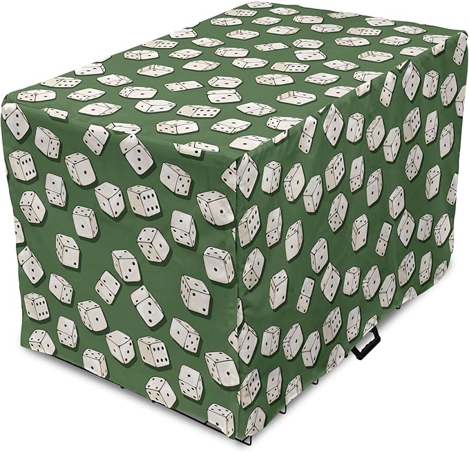 Lunarable Casino Dog Crate Cover, Cartoon Style Dices Pattern on Green Background Chance Game Lucky Jackpot, Easy to Use Pet Kennel Cover for Small Dogs Puppies Kittens, 22 Inch, Green Cream Black