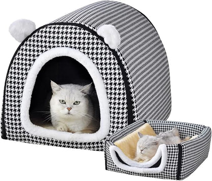 Cat Bed or Dog Bed,2 Ways to Use,Indoor Pet House with Fluffy Mat,Removable and Washable Cover,Non-Slip Bottom,for Cats and Small Dogs(S Black Cranes)