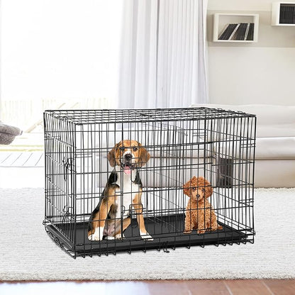Furniture of America Yucca Metal Double Door Folding Wire Pet Crate with Divider, Removable Tray, and Handle for Outdoor and Indoor Medium Dog, 48-inch, Black