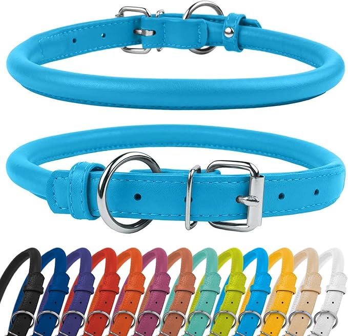 CollarDirect Rolled Leather Dog Collar, Soft Padded Round Puppy Collar, Handmade Genuine Leather Collar Dog Small Large Cat Collars 13 Colors (11-14 Inch, Light Blue Textured)