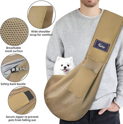 CUBY Dog and Cat Sling Carrier, Hands Free Reversible Pet Papoose Bag, Soft Pouch Adjustable, Suitable for Puppy Cats for Outdoor Travel (Khaki Mesh, one Size mesh)