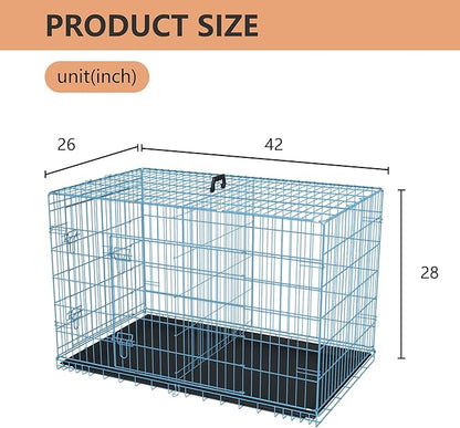 FDW XL Dog Crate Dog Kennel Cage with Double Door,42 inch Folding Metal Wire Dog Cage with Removable Tray&Divider Panel,Pet Crate for Medium Large Dogs,Blue
