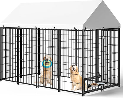Large Dog Kennel Outside - 7.9 x 4.1 x 5.9 ft Dog Outdoor Kennel with Roof, Outside Dog kennels with Rotating Feeding Bowls, Big Dog Kennel for Dogs