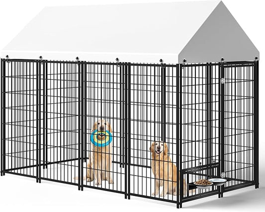 Large Dog Kennel Outside - 7.9 x 4.1 x 5.9 ft Dog Outdoor Kennel with Roof, Outside Dog kennels with Rotating Feeding Bowls, Big Dog Kennel for Dogs