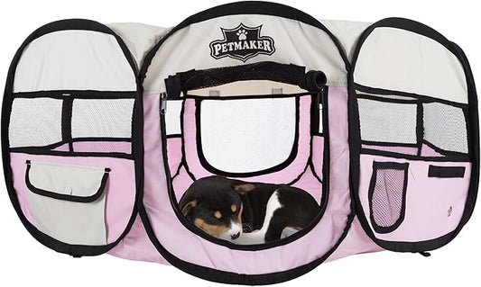 Portable Puppy Playpen - Small Pop-Up Play Yard for Pets Up to 25lbs with Mesh Windows, 2 Pockets, Zippered Roof, and Carry Bag by PETMAKER (Pink)