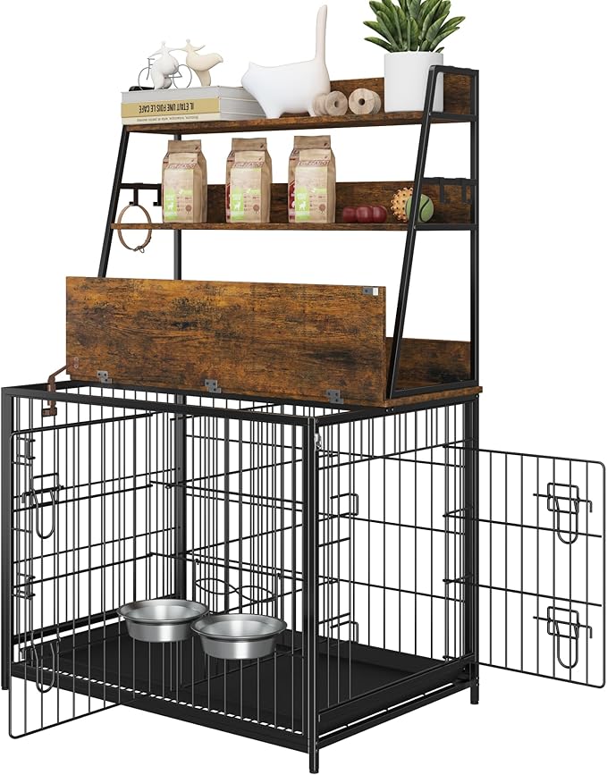 Furniture Style Dog Crate - Adjustable Feeder with Elevated Bowls, Dog Kennel Furniture with -up Top, Multifunctional Dog House End Table, Versatile Dog Cage with Storage, Brown