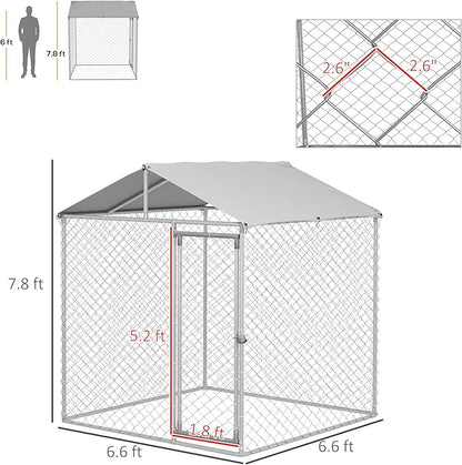 PawHut Large Dog Kennel Outside, Heavy Duty Dog Cage with Waterproof Cover, Outdoor Fence Dog Run with Galvanized Chain Link, Secure Lock, 6.6' x 6.6' x 7.8'