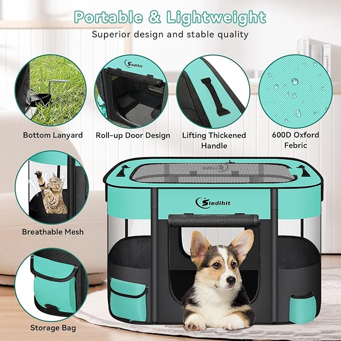 Dog Cat Playpen28/31/35in, Pet Puppy Portable Playpens for Outdoor Travel Crate, Indoor After Surgery Use, Foldable Dog Kennel Tent for Rabbit or Small Animals and Tent Stakes (Green, Small)