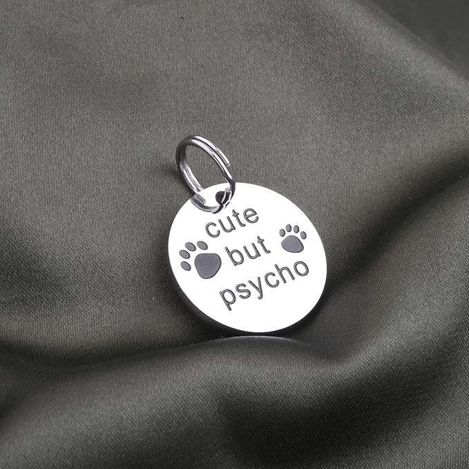 Gzrlyf Cute But Psycho Cat Tag Pet Collar Tags for Cats Funny Cat Tags for Collar Engraved Dog Tag Pet Gifts for Dogs Cats
