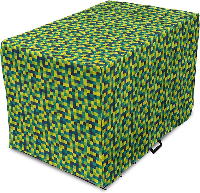 Lunarable Yellow and Blue Dog Crate Cover, Vivid Colored Squares Funky Simple Retro Style Grid Tile, Easy to Use Pet Kennel Cover for Small Dogs Puppies Kittens, 18 Inch, Petrol Blue Lime Green