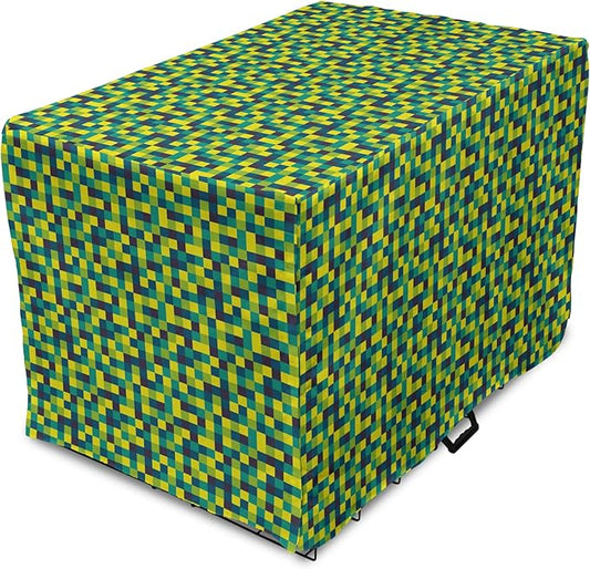 Lunarable Yellow and Blue Dog Crate Cover, Vivid Colored Squares Funky Simple Retro Style Grid Tile, Easy to Use Pet Kennel Cover for Small Dogs Puppies Kittens, 18 Inch, Petrol Blue Lime Green