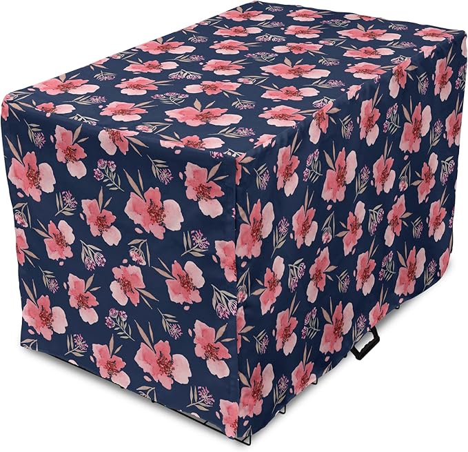 Ambesonne Watercolor Dog Crate Cover, Nature Inspired Composition with Pink Garden Flora Vintage Petals, Easy to Use Pet Kennel Cover for Small Dogs Puppies Kittens, 18 Inch, Navy Blue Coral