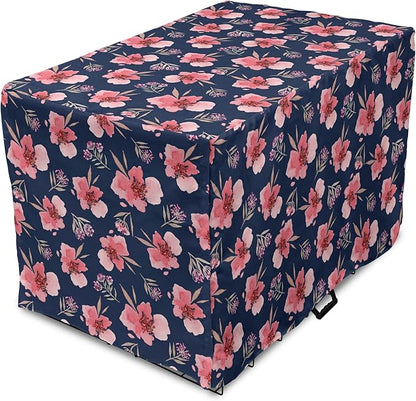 Ambesonne Watercolor Dog Crate Cover, Nature Inspired Composition with Pink Garden Flora Vintage Petals, Easy to Use Pet Kennel Cover for Small Dogs Puppies Kittens, 18 Inch, Navy Blue Coral