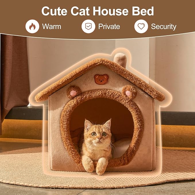 JIUPETY Cute Cat Beds for Indoor Cats, Foldable Cat House with Non-Slip Bottom, S Size Kitten Bed Up to 8 Lbs Kitty, Brown