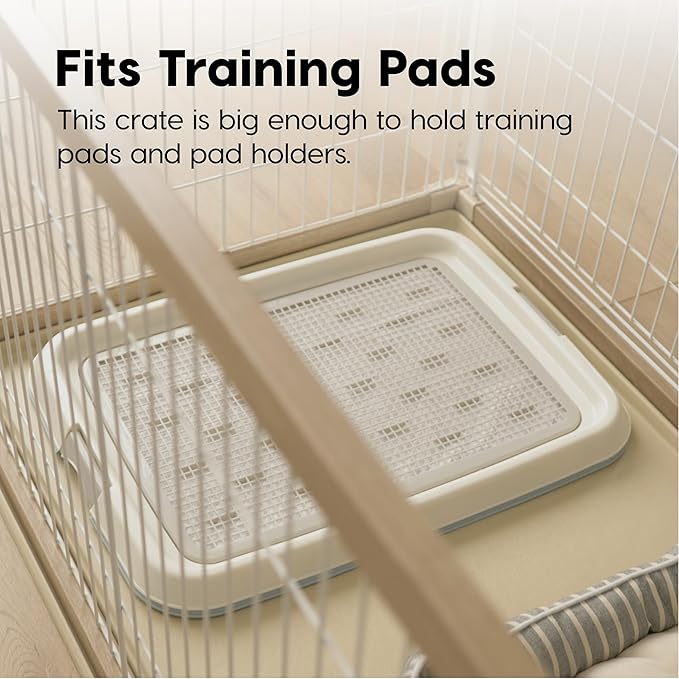 USA Medium Dog Crate, Dog Kennel Indoor with Sliding Door & Bottom Tray, Dog Cage, Wire Pet Pen with Bottom Tray, Stylish Wood-Like Trim, Light Brown