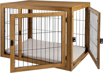 Furniture-Style Dog Crate - Acacia Wood Kennel for Medium Dogs with Double Doors and Cushion - Dog Cage Furniture by PETMAKER (Natural)