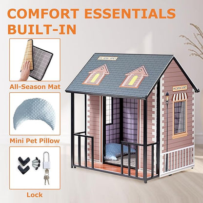 Heavy Duty Dog Crate for Small/Medium Dogs Indoor & Outdoor 33.4” Chew Proof Metal Dog Cage with Lockable Door & Removable Roof Elevated Design for Training Kennel