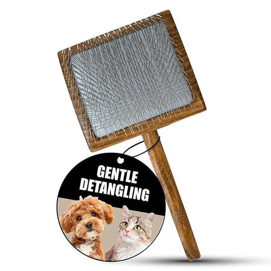 TAURO PRO LINE Wooden Dog Brush for Detangle Long and Short Hair, Wooden Soft Massage Brush for Grooming Haired Dogs and Cats, Flexible Cushion and Non-Slip Grip, Oval, 7.84 x 3.93 inch, Brown