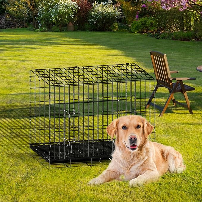 Double Door Dog Crate, Portable Wire Dog Crate with Tray and Divider, Pet Crate for Small Dogs, Indoor and Outdoor Pet Pen, 30" L x 18" W x 21" H Collapsible Dog Kennel