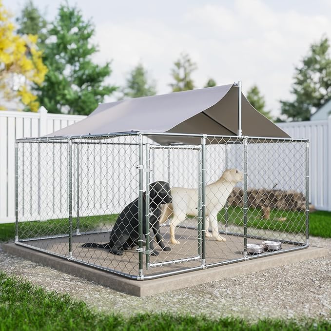 Large Outdoor Dog Cage with UV and Waterproof Cover,Metal Galvanized Rustproof Outdoor Puppy Fence,W/Security Door,Heavy Duty Kennel for Farm & Garden,Silver 9.8'Lx9.8'Wx4.4'H