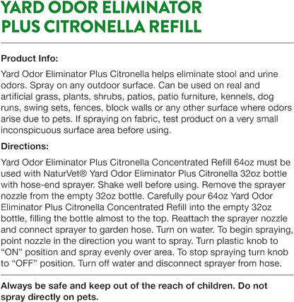 NaturVet – Yard Odor Eliminator Plus Citronella Spray – Eliminate Stool and Urine Odors from Lawn and Yard – Designed for Use on Grass, Patios, Gravel, Concrete & More – 64oz Refill (No Hose Nozzle)