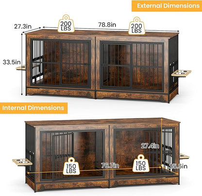 78'' Dog Crate Furniture with 4 Dog Bowls, Extra Large Double Dog Kennel with 360° Rotating and Adjustable Height Bowl Holder, Wooden Dog Crate Kennel with Divider for Dogs (Brown)