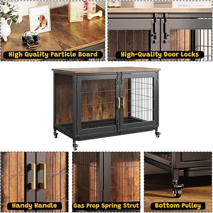 37.4 Inch Large Dog Crate Furniture, Heavy Duty Dog Kennel Furniture with Wheels, Grid Base, Removable Base, Decorative Dog Cage Crate Table, Indoor Dog House for Entryway, Living Room