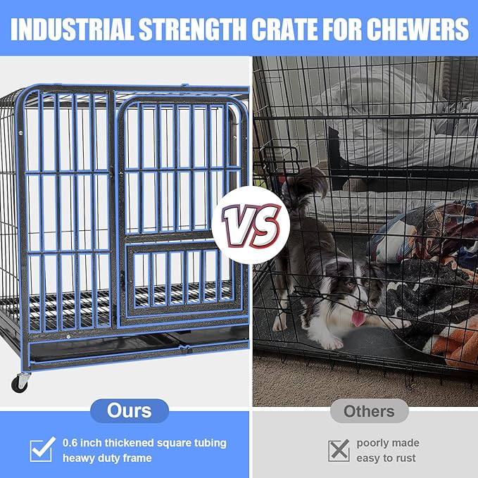 43/29/37 Inch Dog Crate, Heavy Duty Metal Dog Kennel, Indestructible Dog Crate, Escape Proof Dog Cage with Lockable Wheels,Indoor for Large Breed, Double Door Big Dog Cage with Removable Tray
