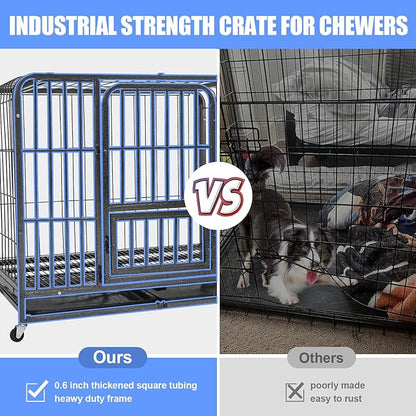 43/29/37 Inch Dog Crate, Heavy Duty Metal Dog Kennel, Indestructible Dog Crate, Escape Proof Dog Cage with Lockable Wheels,Indoor for Large Breed, Double Door Big Dog Cage with Removable Tray