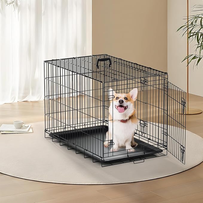 MoNiBloom 24/30/36/42/48 Dog Crates, Foldable Metal Wire Dog Cage with Double-Door, Outdoor Indoor Pet Kennels, Includes Leak-Proof Pan, Divider Panel, Black, 36"