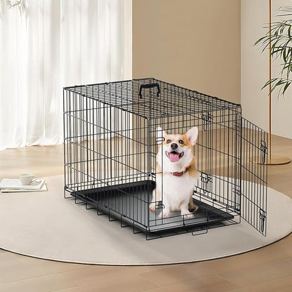 MoNiBloom 24/30/36/42/48 Dog Crates, Foldable Metal Wire Dog Cage with Double-Door, Outdoor Indoor Pet Kennels, Includes Leak-Proof Pan, Divider Panel, Black, 36"