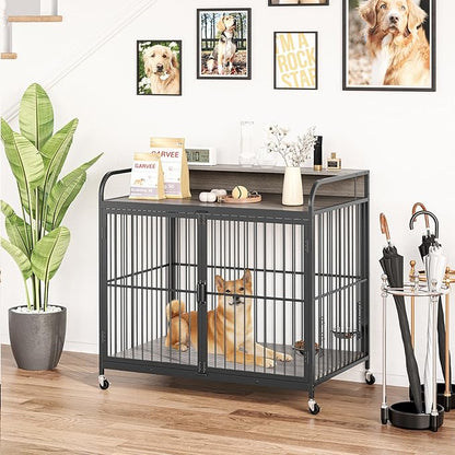 IDEALHOUSE Dog Crate Furniture, 39.8" L X 22.5" W X 38.6" H,Dog Crate Indoor with Adjustable Height Bowls, Wooden Heavy Duty, 39.8 Inch Dog Kennel Furniture for Medium Dogs,Grey