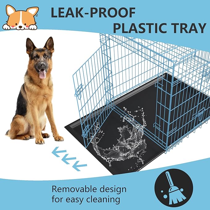 FDW Extra Large Dog Crate Dog Kennel Cage with Double Door,48 inch Folding Metal Wire Dog Cage with Removable Tray&Divider Panel,Pet Crate for Large Dogs,Blue