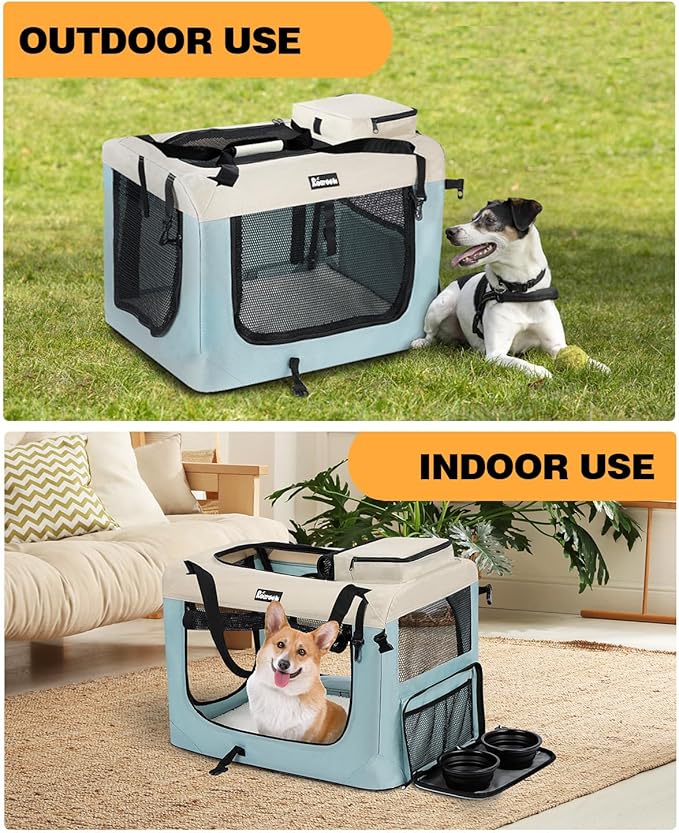 Extra Large Dog Crate with 2 Foldable Bowl, 32 Inch Collapsible Travel Dog Crate Kennel with Soft Blanket for Medium Dogs,Indoor & Outdoor (32" L x 23" W x 23" H, Blue)