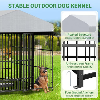 Outdoor Dog Kennel - 6.6 x 6.6 x 6.4 ft Outside Dog Kennel with Roof, Large Dog Outdoor Kennel with Rotating Feeding Bowls for Medium Small Dogs