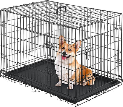 24/7 Shop at Home Gossamer Metal Double Door Folding Wire Pet Crate with Divider, Removable Tray, and Handle for Outdoor and Indoor Medium Dog, 42-inch, Black