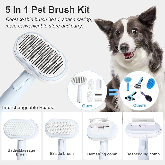 5 IN 1 Pet Grooming Brush Kit,Dog&Cat Self Cleaning Slicker Brush for Shedding.Dematting&Deshedding Dog Brush,Dog Hair Brush,Suitable for Small&Large,Long&Short Haired Pets.(Blue)