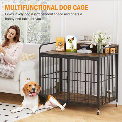 32 Inch Dog Crate Furniture, Dog Crate with Adjustable Height Feeder, Designed for Small Dogs, Featuring 360-Degree Swivel Wheels for Easy Movement, Rustic Brown Finish