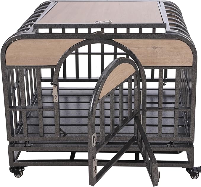 46in Dog Kennel Furniture, Heavy Duty Dog Crate with Removable Trays and Wheels, Metal Dog Crates for Large Dogs
