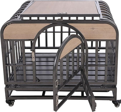 46in Dog Kennel Furniture, Heavy Duty Dog Crate with Removable Trays and Wheels, Metal Dog Crates for Large Dogs