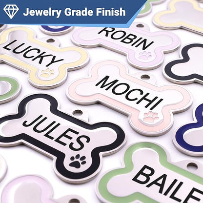 GoTags Stainless Steel Bone Dog Tag with Color Outline and Paw Print, Personalized Pet ID Tag for Dogs and Cats, Custom Engraving with up to 5 Lines of Text on Both Sides (Blue, Regular)