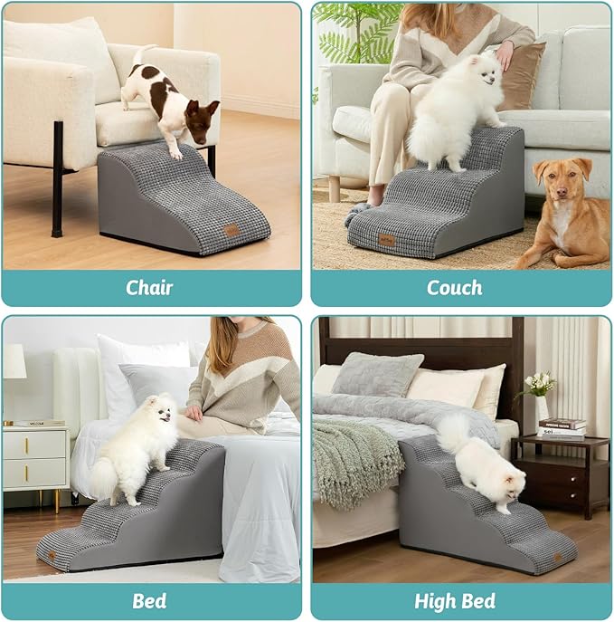 Dog Stairs for Small Dogs, Curved Pet Step with Leakproof Cover, High Density Foam Cat Ramp for Bed or Sofa, Lightweight, Durable, Comfort, 15.7x22.4x15.7 inch, 3 Tiers, Light Grey