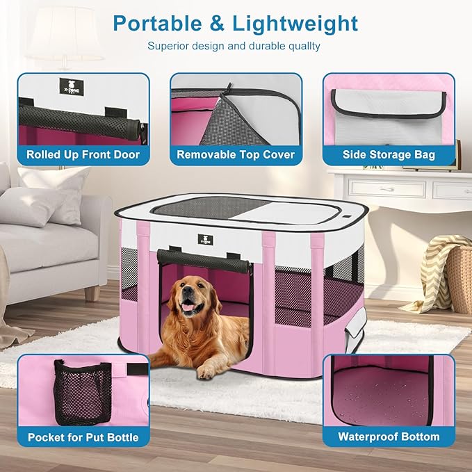 X-ZONE PET Dog Playpen, Puppy Cat Play Pen Portable Foldable Indoor/Outdoor Tent Crate Cage, Portable Pet Crate Small Size Pink 30''