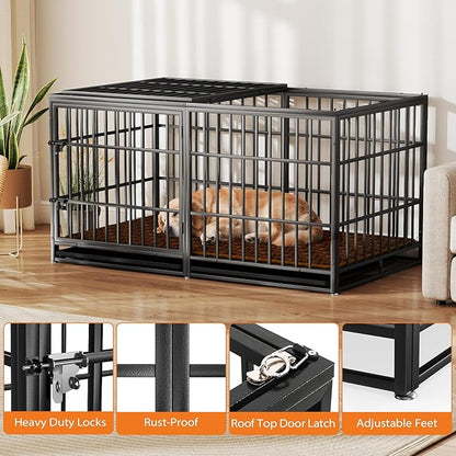 Rovibek 61 Inch Heavy Duty Dog Crate, Indestructible Dog Crate, High Anxiety Steel Dog Crates, Indoor Escape Proof Dogs Crate with Tray, Double Door Impact Dog Crates for Large Dogs
