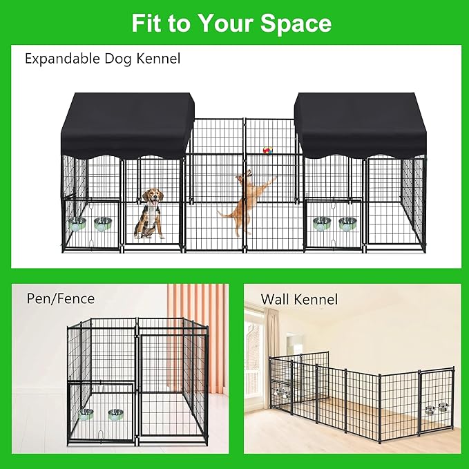 Dog Kennel Outdoor, Large Outside Dog Kennel with Rotating Feeding Door Outdoor Kennel with Roof, Dog Enclosures for Outside Metal Dog House with Cover Outside Dog Crate for Dogs, Rabbits, 2 Pack