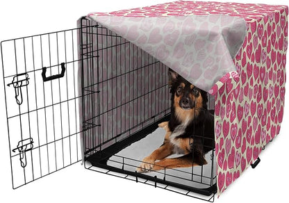 Lunarable Hearts Dog Crate Cover, Valentines Day Inspired Heart Designs with Various Styles Curved Lines Flowers Bows, Easy to Use Pet Kennel Cover for Medium Large Dogs, 36 Inch, Cream Pink