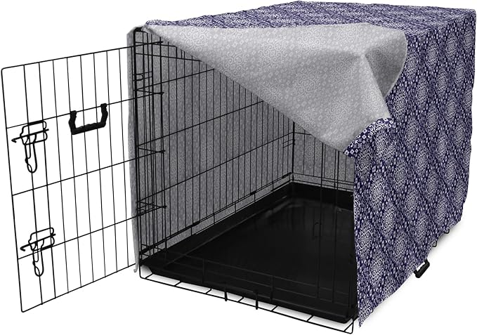 Lunarable Royal Blue Dog Crate Cover, Antique Moroccan Style Exotic Orient Inspired Ceramic Pattern Print Art, Easy to Use Pet Kennel Cover for Medium Large Dogs, 30 Inch, Indigo and White